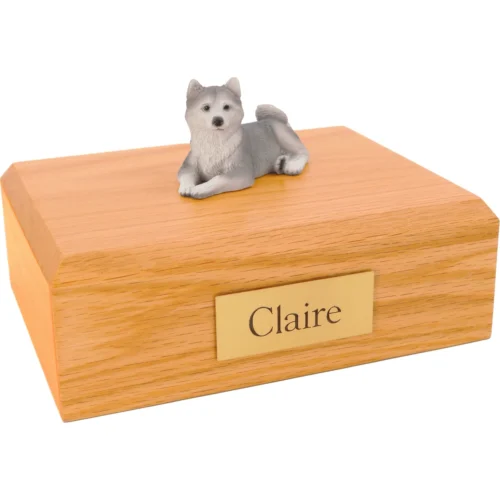 Gray and white Husky dog figurine wood memorial cremation urn