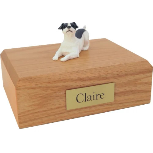 Black and white Jack Russell Terrier dog figurine wood memorial cremation urn