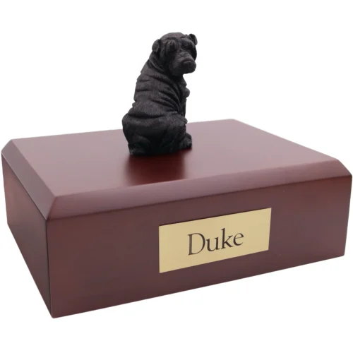 Black Shar Pei dog figurine wood memorial cremation urn