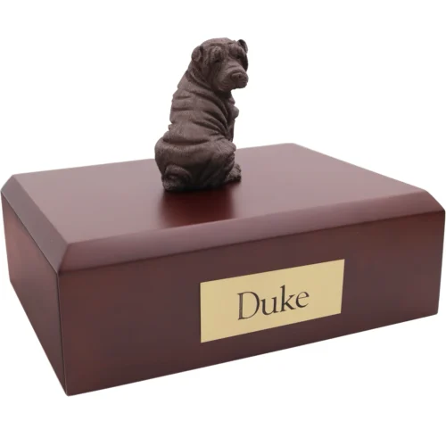Chocolate Shar Pei dog figurine wood memorial cremation urn