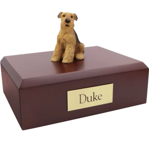 Airedale dog figurine wood memorial cremation urn
