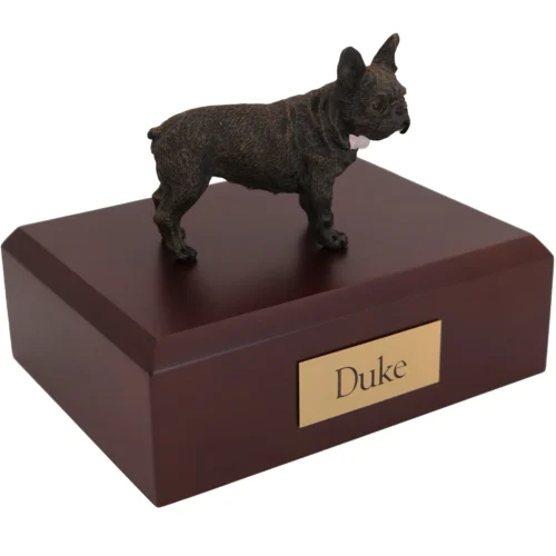 Standing brindle French Bulldog dog figurine on wood cremation urn
