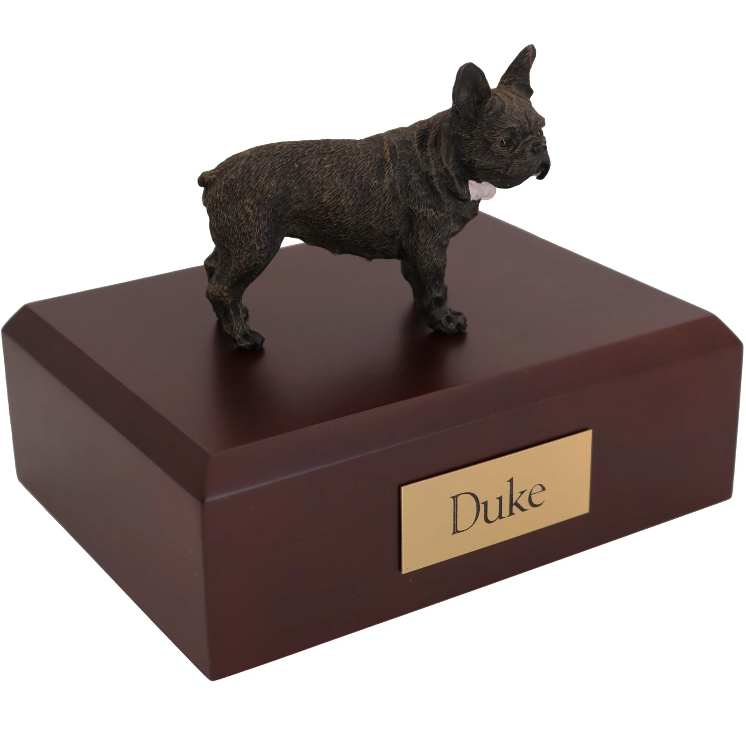 Standing brindle French Bulldog dog figurine on wood cremation urn