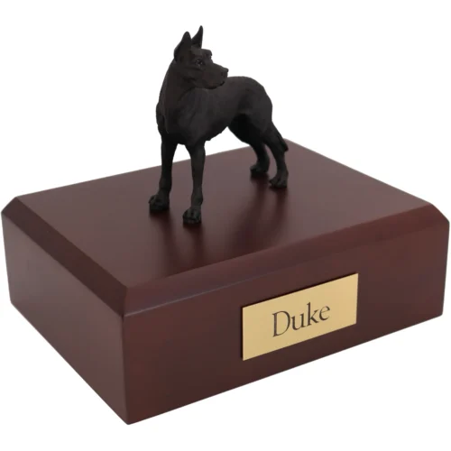 Standing black ears up Great Dane dog figurine on wood cremation urn