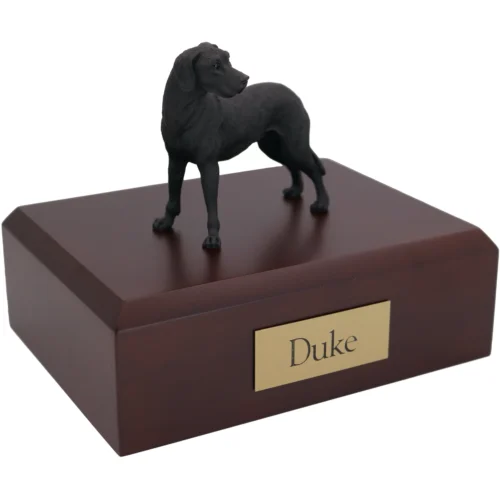 Standing black ears down Great Dane dog figurine on wood cremation urn
