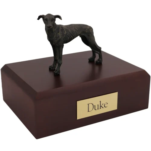 Standing brindle Greyhound dog figurine on wood cremation urn