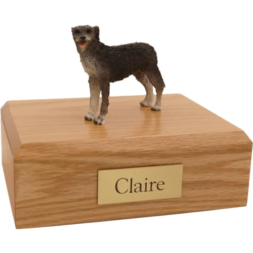 Standing Irish Wolfhound dog figurine on wood cremation urn