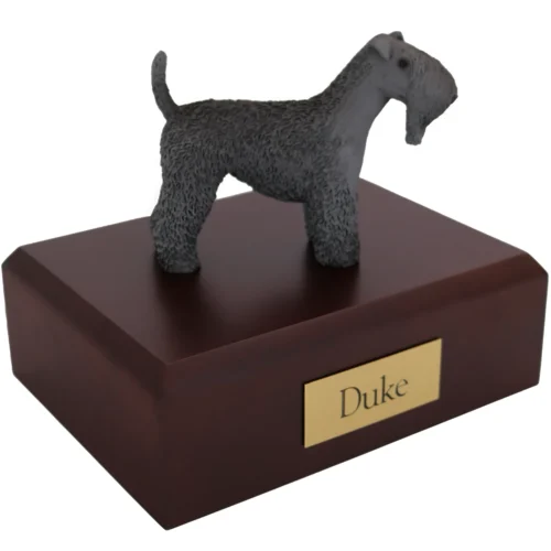 Standing Kerry Blue Terrier dog figurine on wood cremation urn