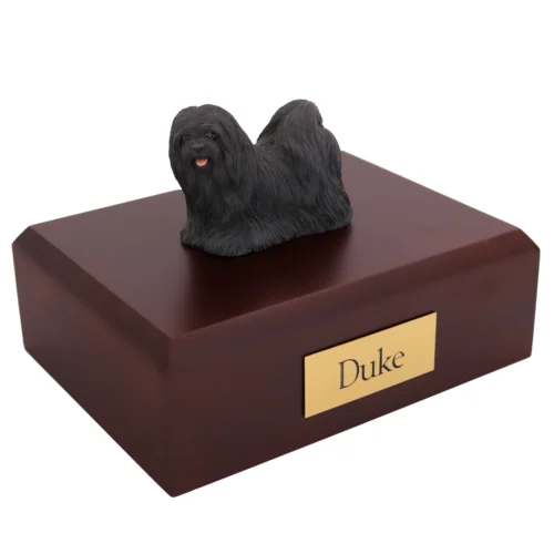 Standing black lhasa apso dog figurine on wood cremation urn