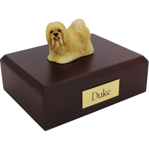Standing blonde lhasa apso dog figurine on wood cremation urn