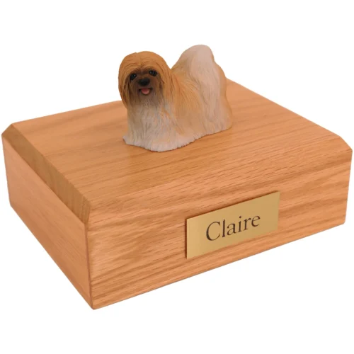 Standing red lhasa apso dog figurine on wood cremation urn