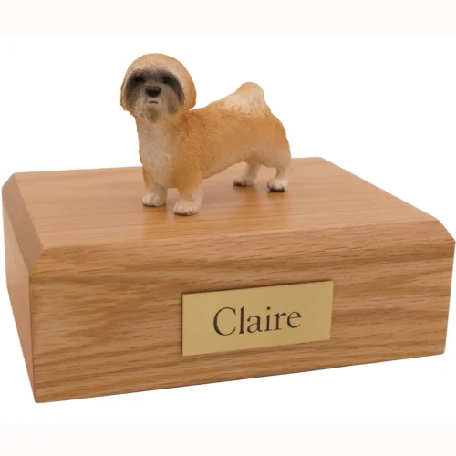 Standing brown puppycut lhasa also dog figurine on wood cremation urn