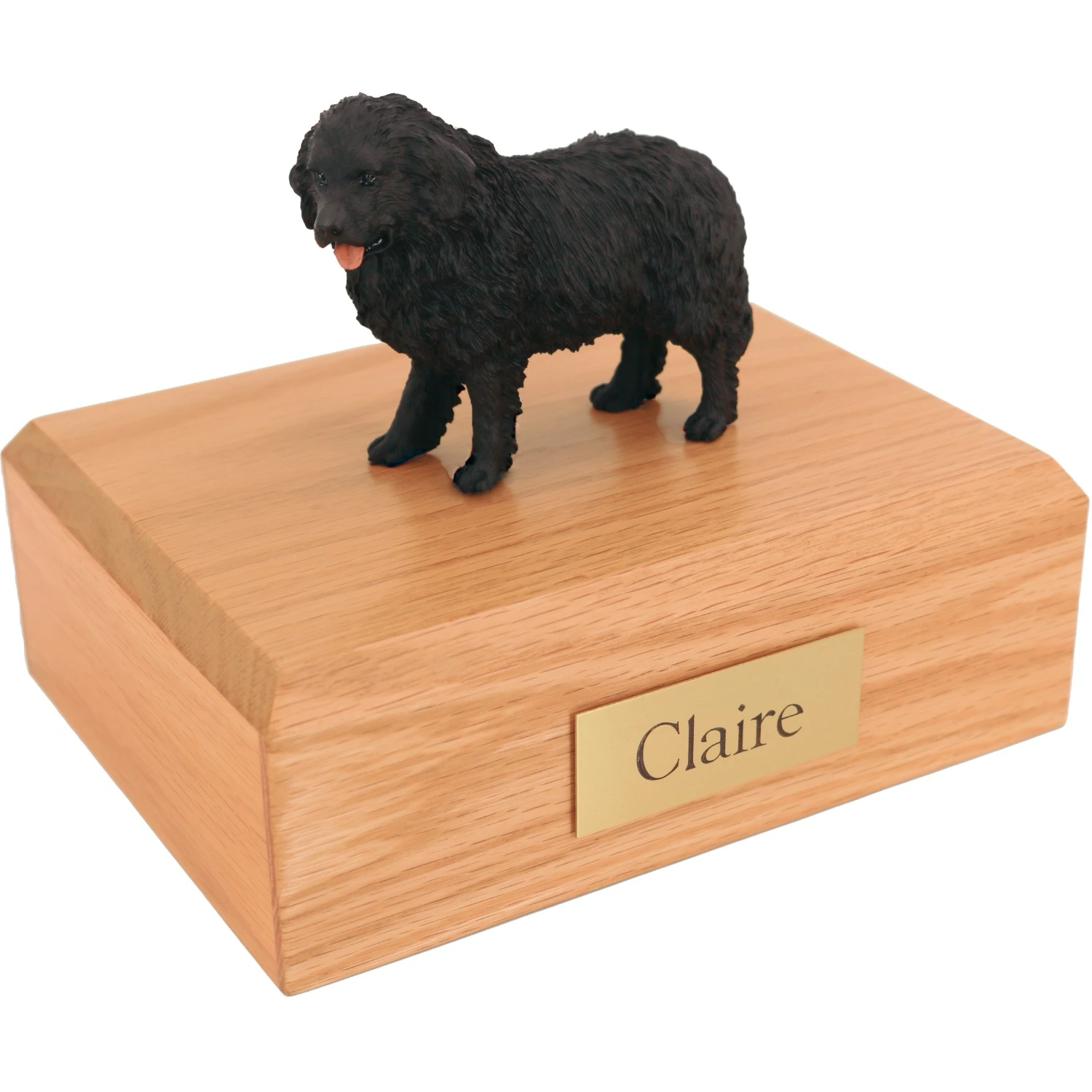 Standing black newfoundland dog figurine on wood cremation urn