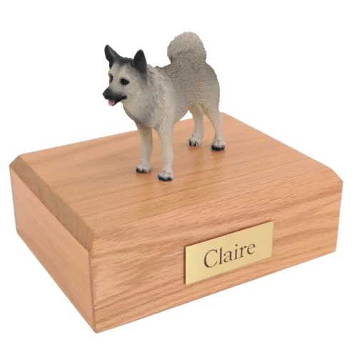 Standing norwegian elkhound dog figurine on wood cremation urn