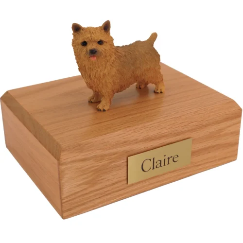 Red ears up norwich terrier dog figurine on wood cremation urn
