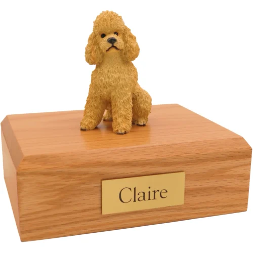 Apricot Sport Cut Poodle dog figurine on wood cremation urn
