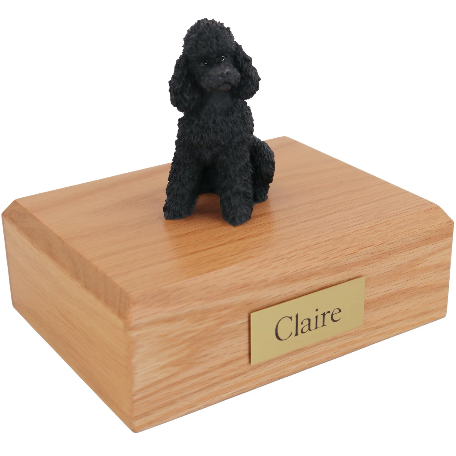 Black Sport Cut Poodle dog figurine on wood cremation urn