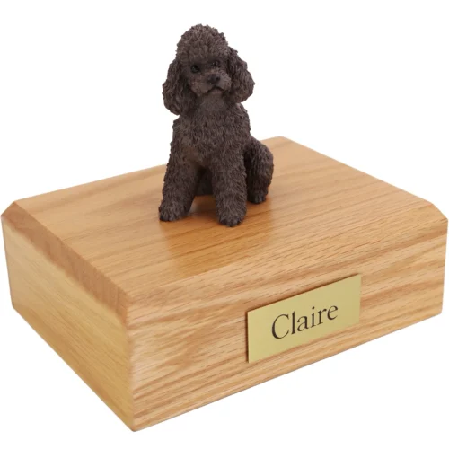Chocolate Sport Cut Poodle dog figurine on wood cremation urn