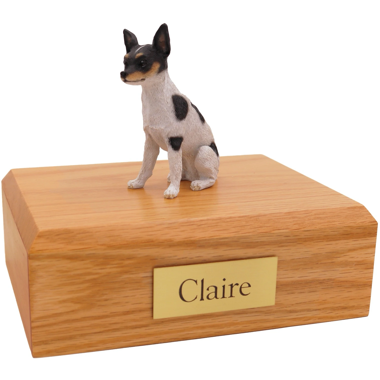 Sitting rat terrier dog figurine on wood cremation urn