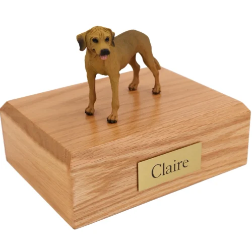 Standing Rhodesian Ridgeback dog figurine on wood cremation urn