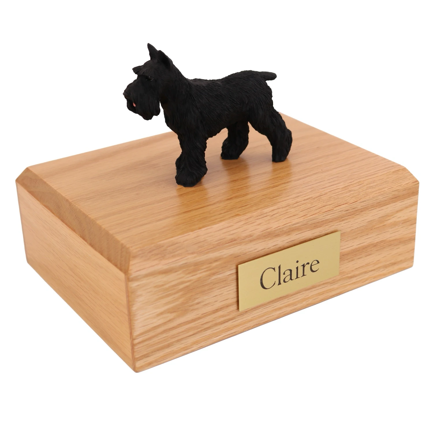Standing ears up gray Schnauzer dog figurine on wood cremation urn