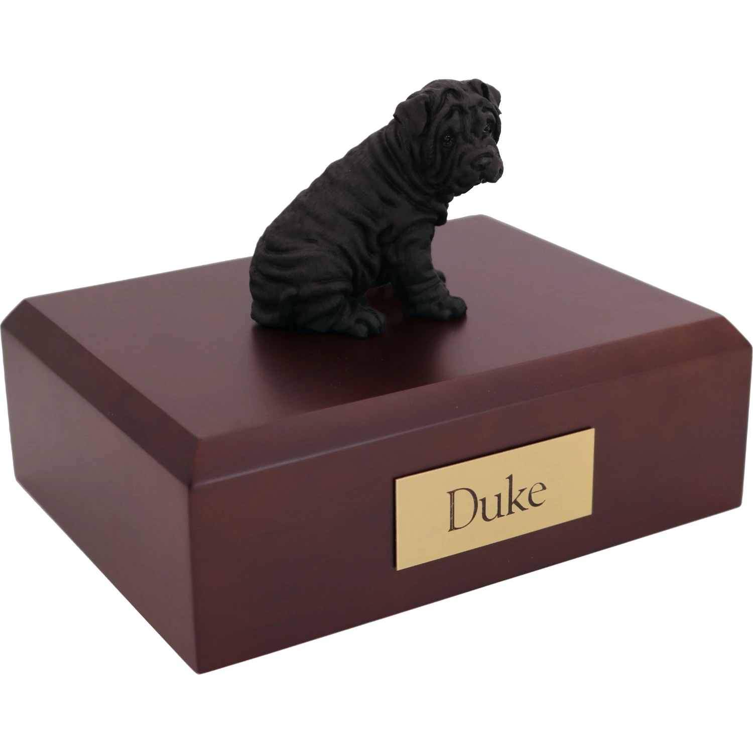 Sitting black Shar Pei dog figurine on wood cremation urn