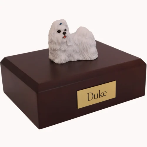 Standing white shih tzu dog figurine on wood cremation urn