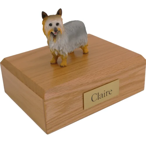 Standing Silky Terrier dog figurine on wood cremation urn