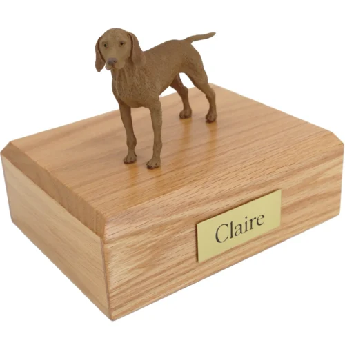 Standing vizsla dog figurine on wood cremation urn