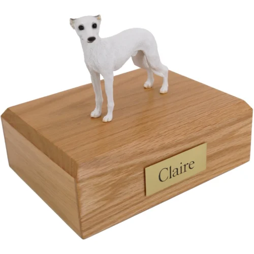 Standing white whippet dog figurine on wood cremation urn