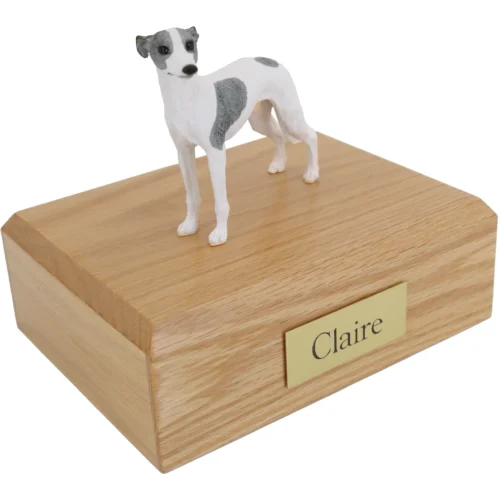 Standing gray and white whippet dog figurine on wood cremation urn