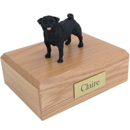 Standing black pug dog figurine on wood cremation urn