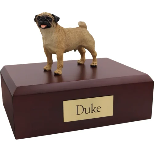 Standing fawn pug dog figurine on wood cremation urn