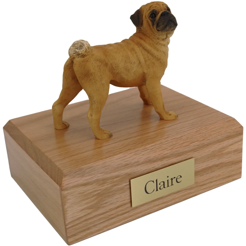 Standing fawn pug dog figurine on wood cremation urn