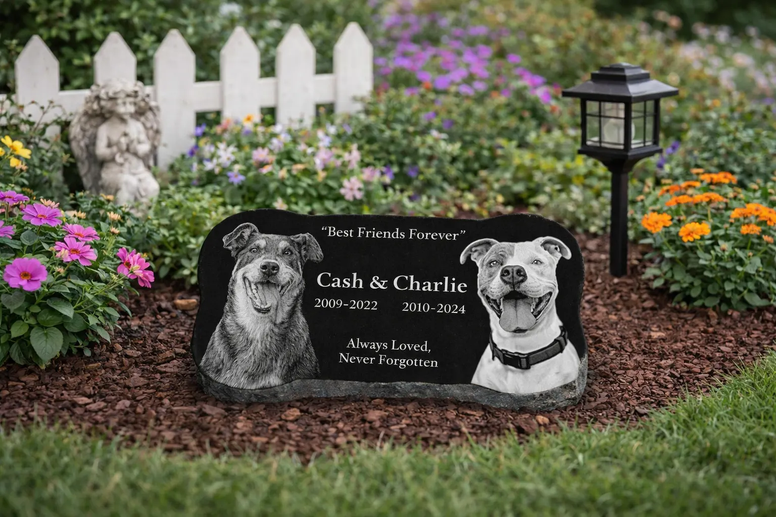 Heart shaped granite pet headstone with dog photo engraving in garden setting