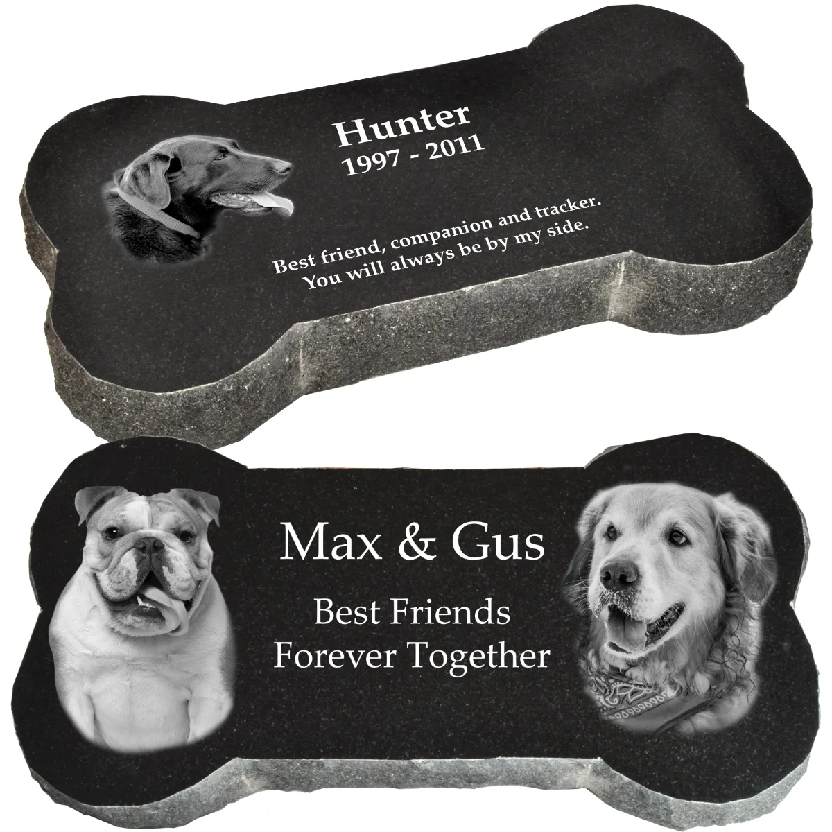 Dog bone shaped black granite pet memorial headstone, with photo engraving
