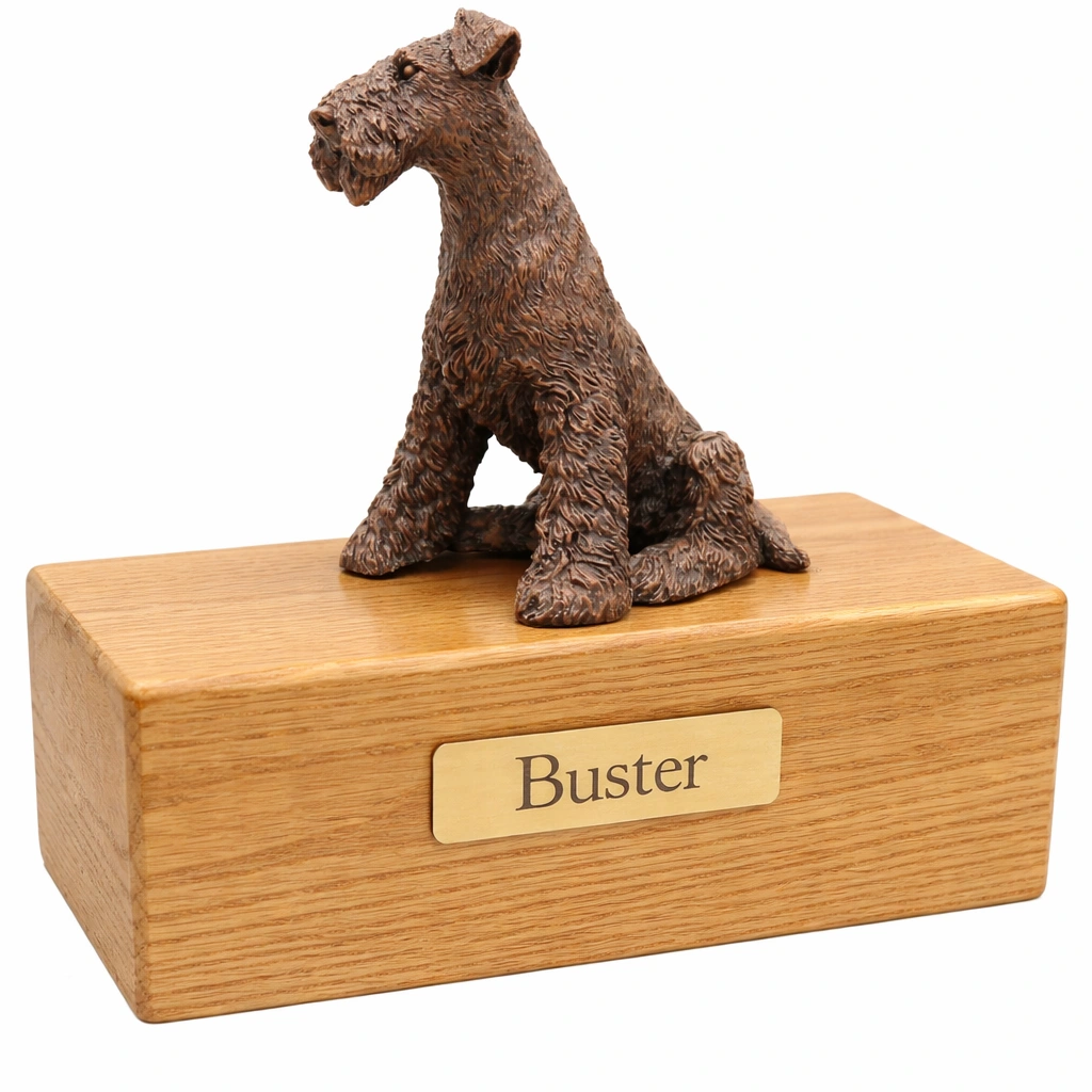 Airedale Terrier dog bronze look figurine wood memorial cremation urn, oak finish