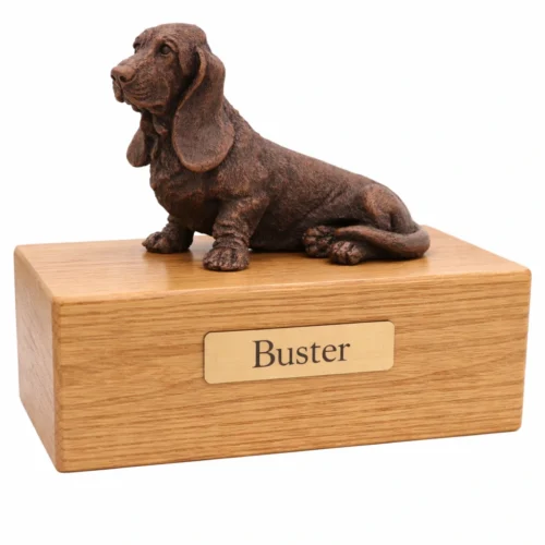 Basset Hound dog bronze look figurine wood memorial cremation urn, oak finish