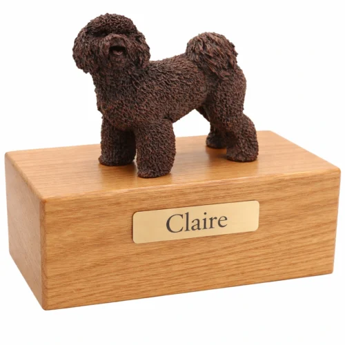 Bichon Frise dog bronze look figurine wood memorial cremation urn, oak finish