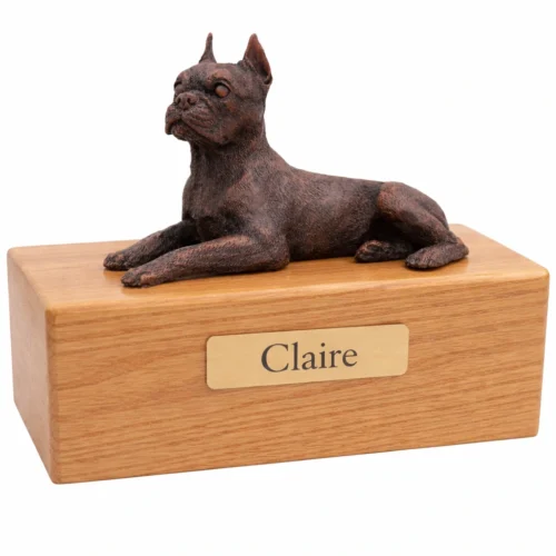 Boston Terrier dog bronze look figurine wood memorial cremation urn, oak finish