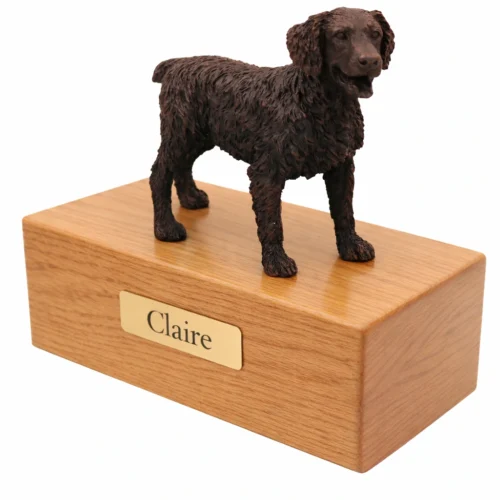 Brittany Spaniel dog bronze look figurine wood memorial cremation urn, oak finish