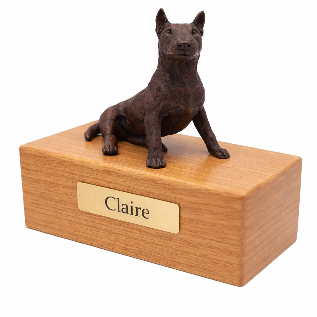 Bull Terrier dog bronze look figurine wood memorial cremation urn, oak finish