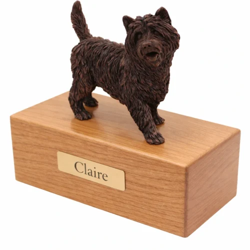 Cairn Terrer dog bronze look figurine wood memorial cremation urn, oak finish