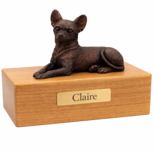 Chihuahua dog bronze look figurine wood memorial cremation urn, oak finish