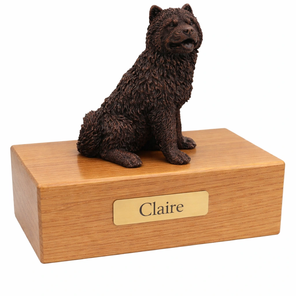 Chow Chow dog bronze look figurine wood memorial cremation urn, oak finish