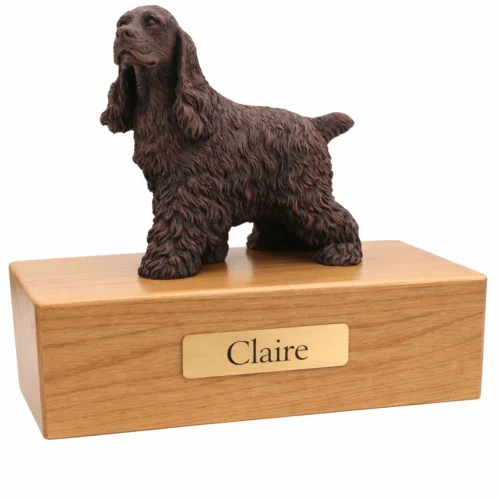 Cocker Spaniel dog bronze look figurine wood memorial cremation urn, oak finish