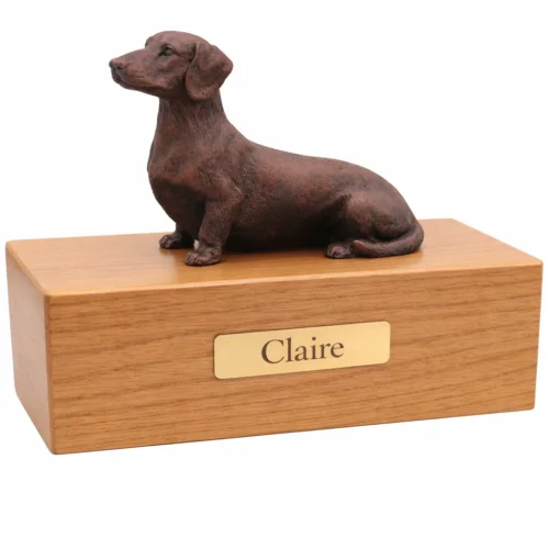 Dachshund dog bronze look figurine wood memorial cremation urn, oak finish