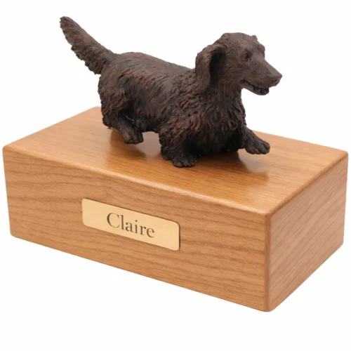 Long-haired Dachshund dog bronze look figurine wood memorial cremation urn, oak finish