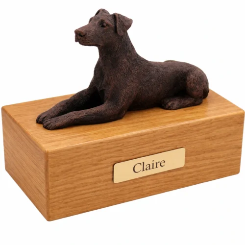 Ears Down Doberman Pinscher dog bronze look figurine wood memorial cremation urn, oak finish