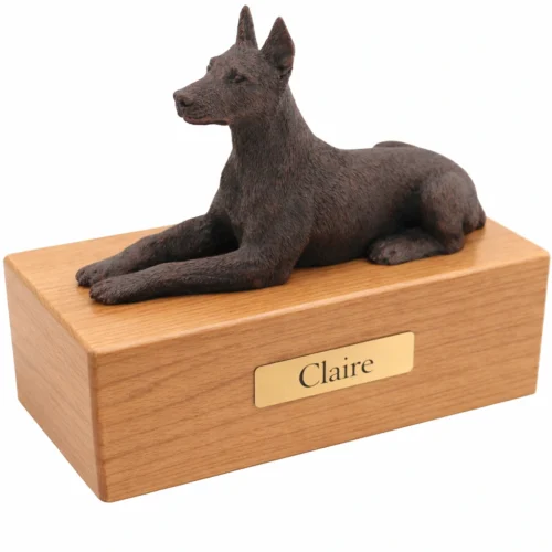 Laying Ears Up Doberman Pinscher dog bronze look figurine wood memorial cremation urn, oak finish